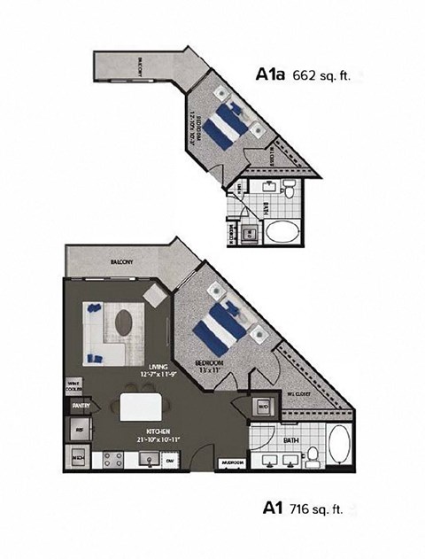 Floor plan for 1 bed, 1 bath, 716 sqft